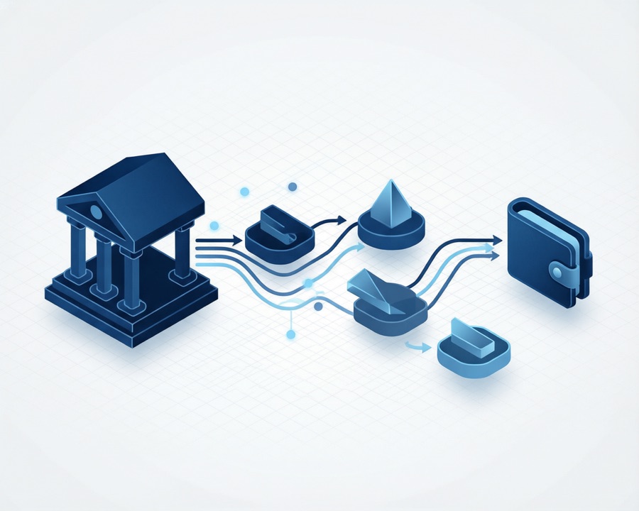 Funds moving from a bank through conversion rails to a self-custody wallet